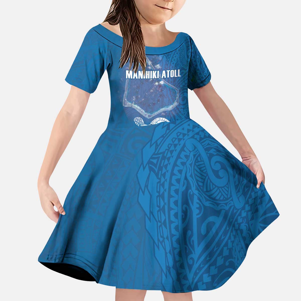 Cook Islands Manihiki Atoll Kid Short Sleeve Dress Maori Turtle and Polynesian Pattern LT03 KID Blue - Polynesian Pride