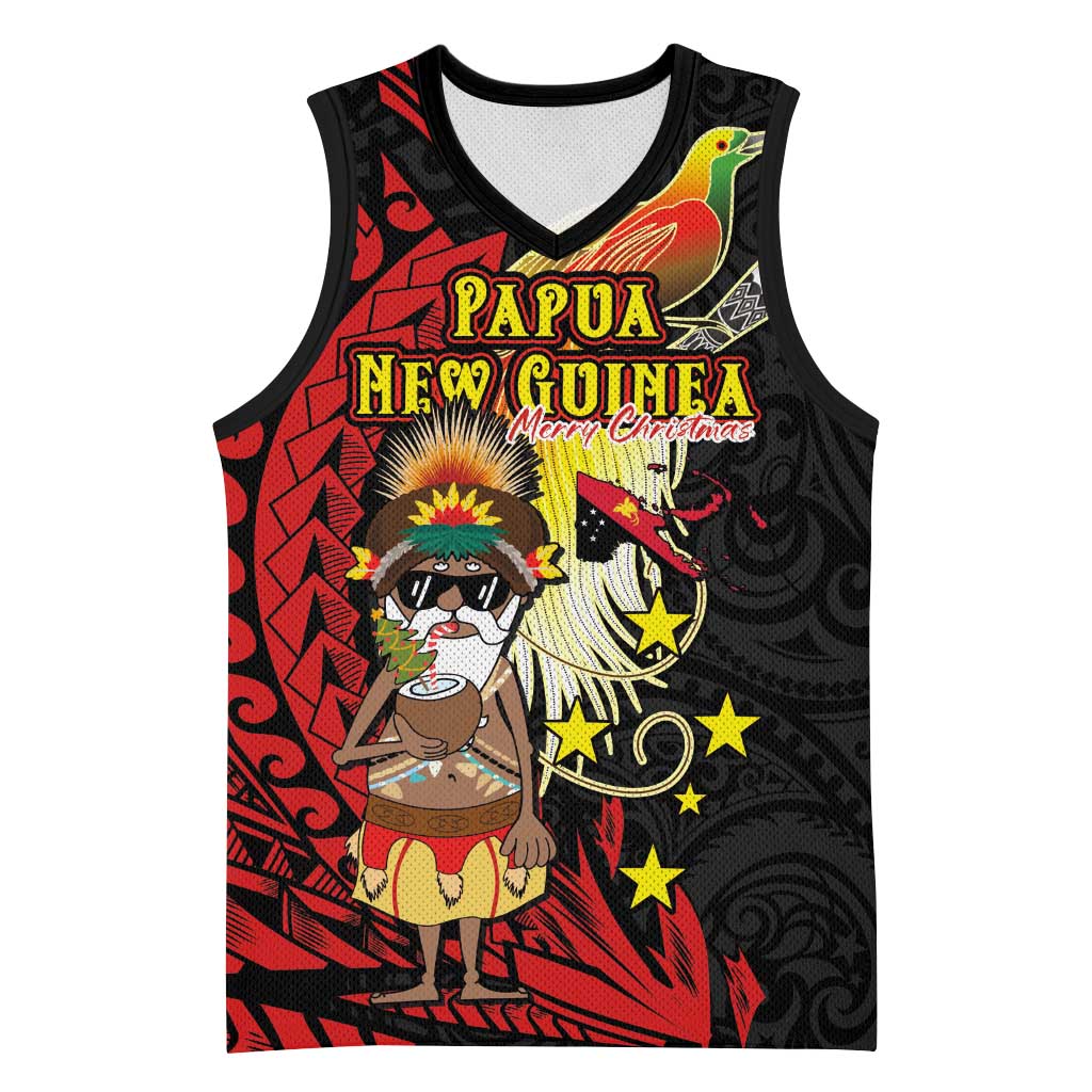 Papua New Guinea Christmas Basketball Jersey Funny Melanesian Santa with Bird-of-paradise Tribal Style - Polynesian Pride