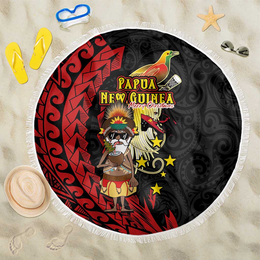 Papua New Guinea Christmas Beach Blanket Funny Melanesian Santa with Bird-of-paradise Tribal Style - Polynesian Pride