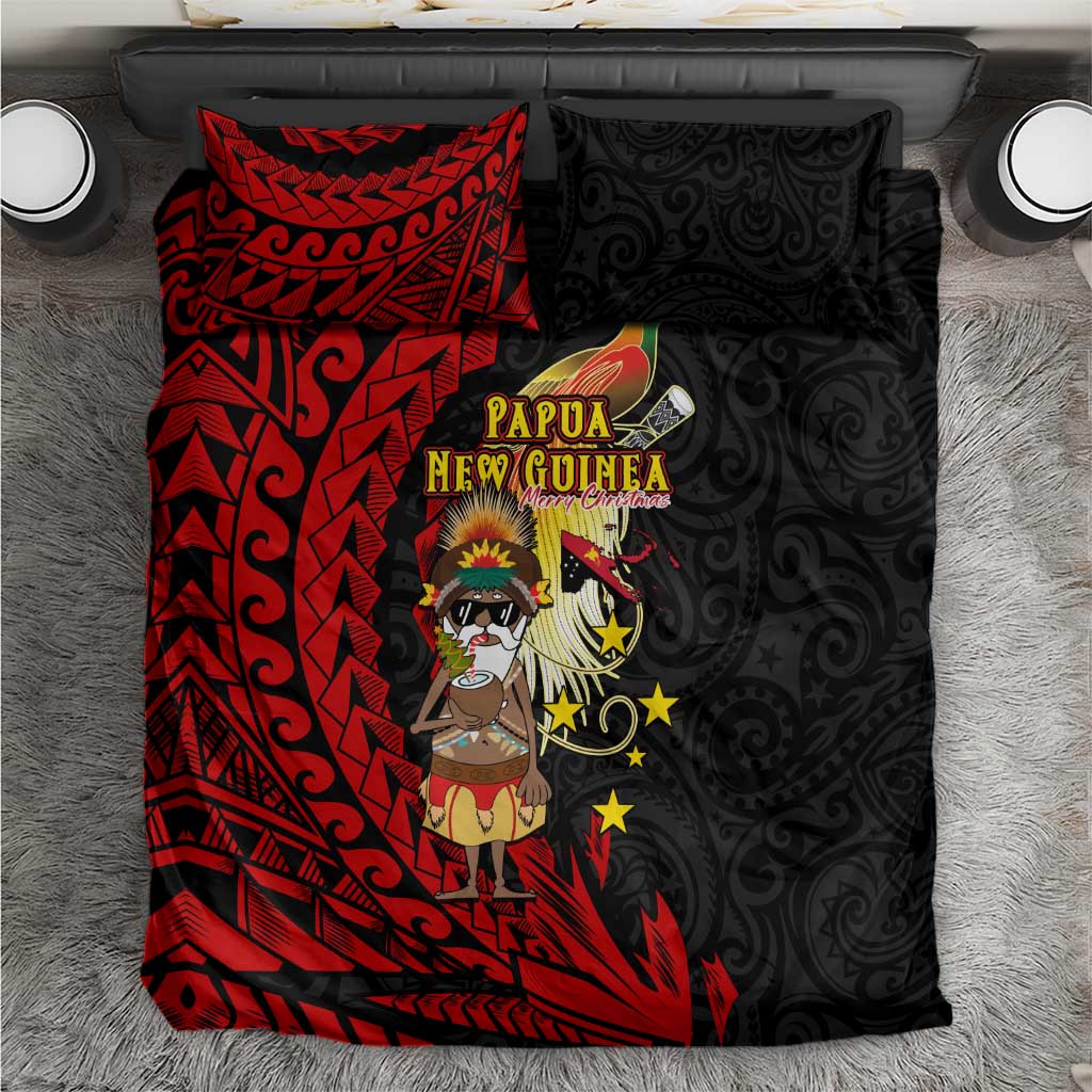 Papua New Guinea Christmas Bedding Set Funny Melanesian Santa with Bird-of-paradise Tribal Style - Polynesian Pride