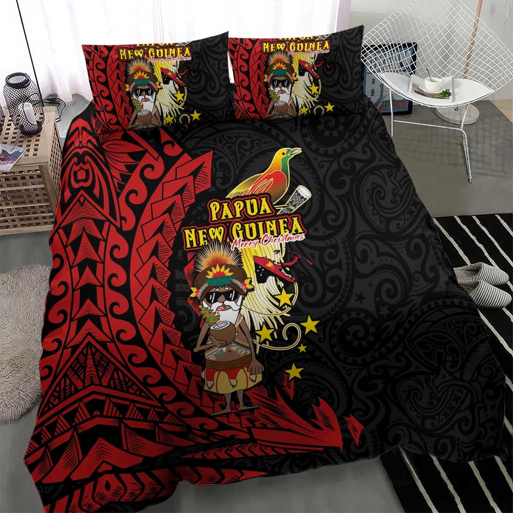 Papua New Guinea Christmas Bedding Set Funny Melanesian Santa with Bird-of-paradise Tribal Style - Polynesian Pride