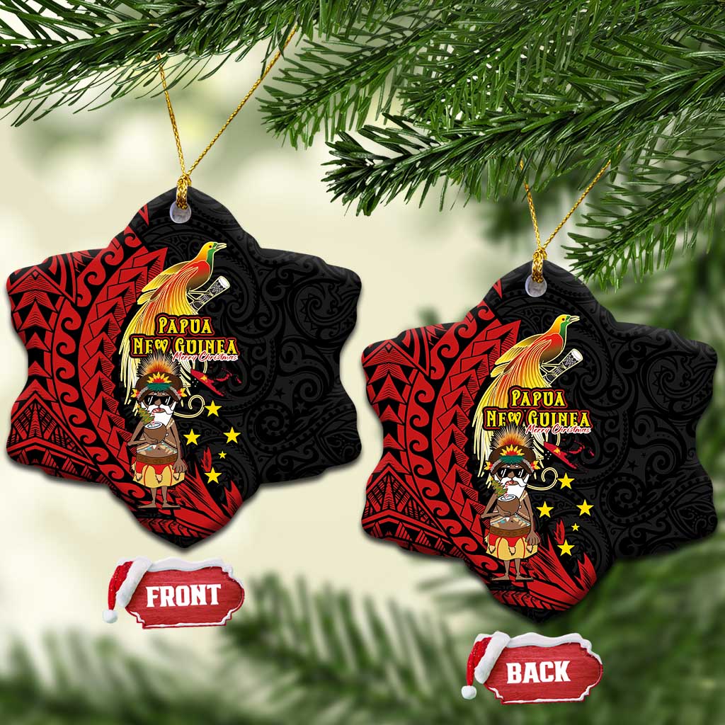 Papua New Guinea Christmas Ceramic Ornament Funny Melanesian Santa with Bird-of-paradise Tribal Style - Polynesian Pride
