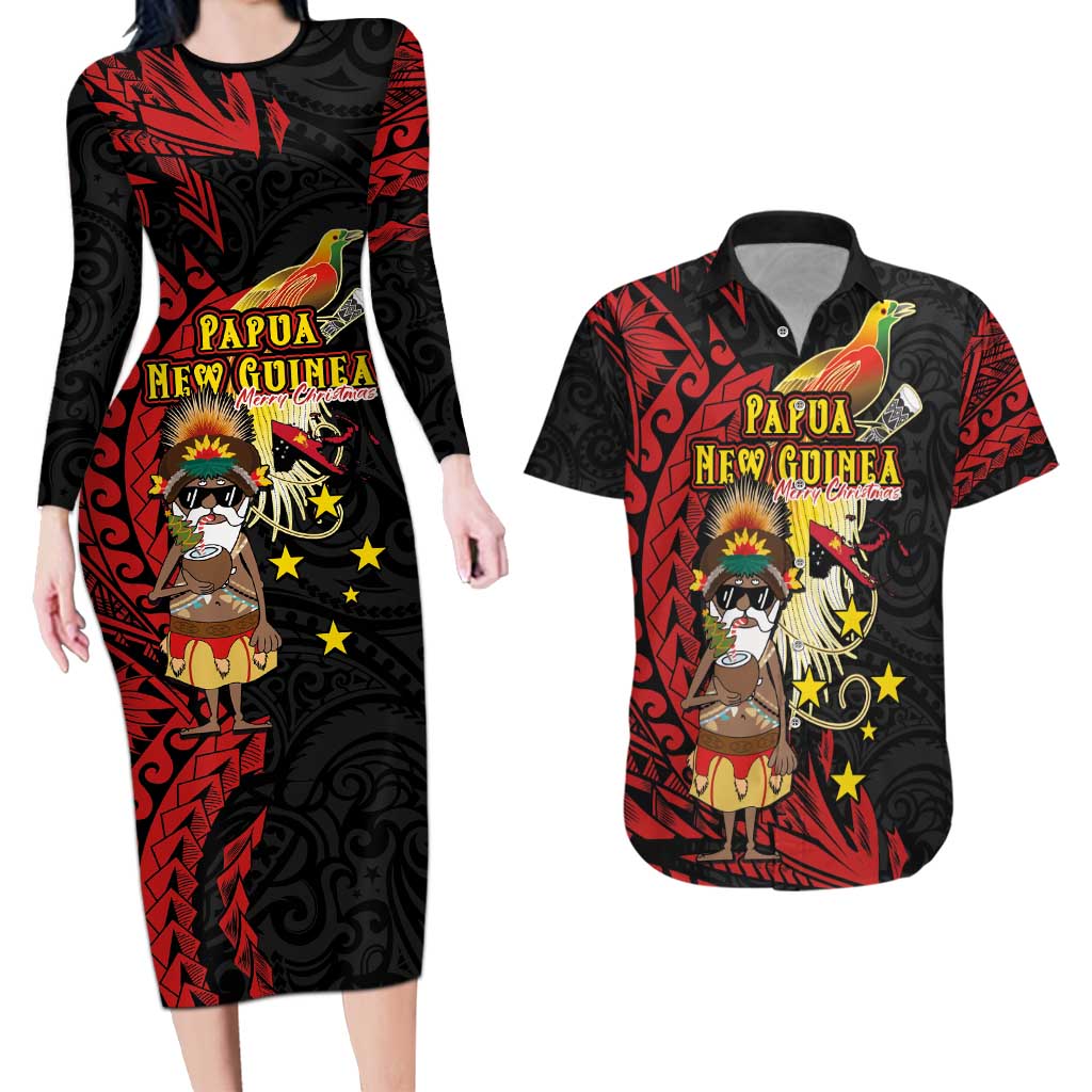Papua New Guinea Christmas Couples Matching Long Sleeve Bodycon Dress and Hawaiian Shirt Funny Melanesian Santa with Bird-of-paradise Tribal Style - Polynesian Pride