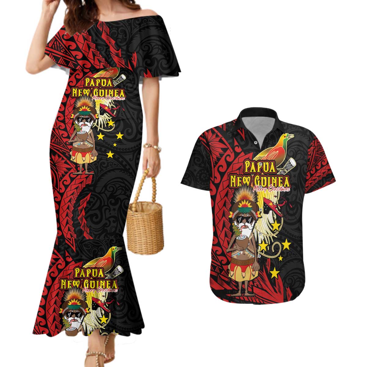 Papua New Guinea Christmas Couples Matching Mermaid Dress and Hawaiian Shirt Funny Melanesian Santa with Bird-of-paradise Tribal Style - Polynesian Pride