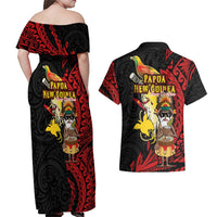 Papua New Guinea Christmas Couples Matching Off Shoulder Maxi Dress and Hawaiian Shirt Funny Melanesian Santa with Bird-of-paradise Tribal Style - Polynesian Pride