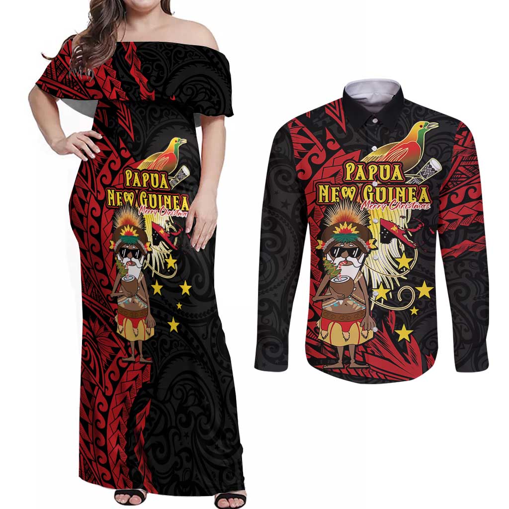 Papua New Guinea Christmas Couples Matching Off Shoulder Maxi Dress and Long Sleeve Button Shirt Funny Melanesian Santa with Bird-of-paradise Tribal Style - Polynesian Pride