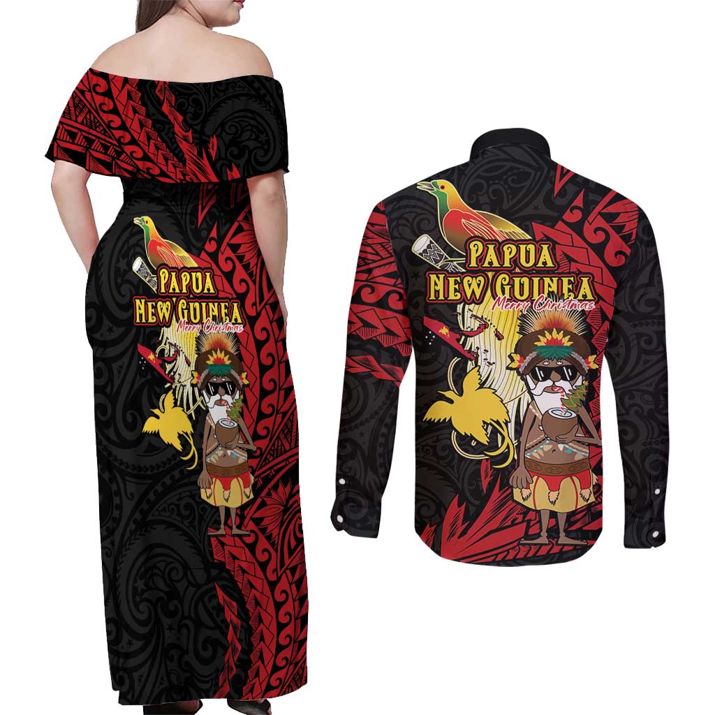 Papua New Guinea Christmas Couples Matching Off Shoulder Maxi Dress and Long Sleeve Button Shirt Funny Melanesian Santa with Bird-of-paradise Tribal Style - Polynesian Pride