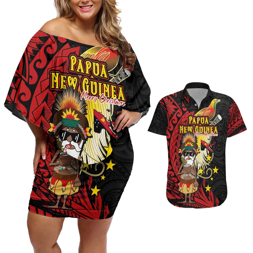 Papua New Guinea Christmas Couples Matching Off Shoulder Short Dress and Hawaiian Shirt Funny Melanesian Santa with Bird-of-paradise Tribal Style - Polynesian Pride