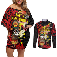 Papua New Guinea Christmas Couples Matching Off Shoulder Short Dress and Long Sleeve Button Shirt Funny Melanesian Santa with Bird-of-paradise Tribal Style - Polynesian Pride