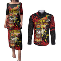 Papua New Guinea Christmas Couples Matching Puletasi and Long Sleeve Button Shirt Funny Melanesian Santa with Bird-of-paradise Tribal Style - Polynesian Pride