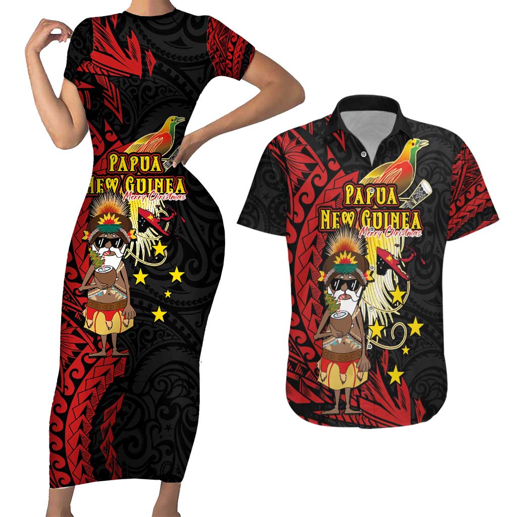 Papua New Guinea Christmas Couples Matching Short Sleeve Bodycon Dress and Hawaiian Shirt Funny Melanesian Santa with Bird-of-paradise Tribal Style - Polynesian Pride