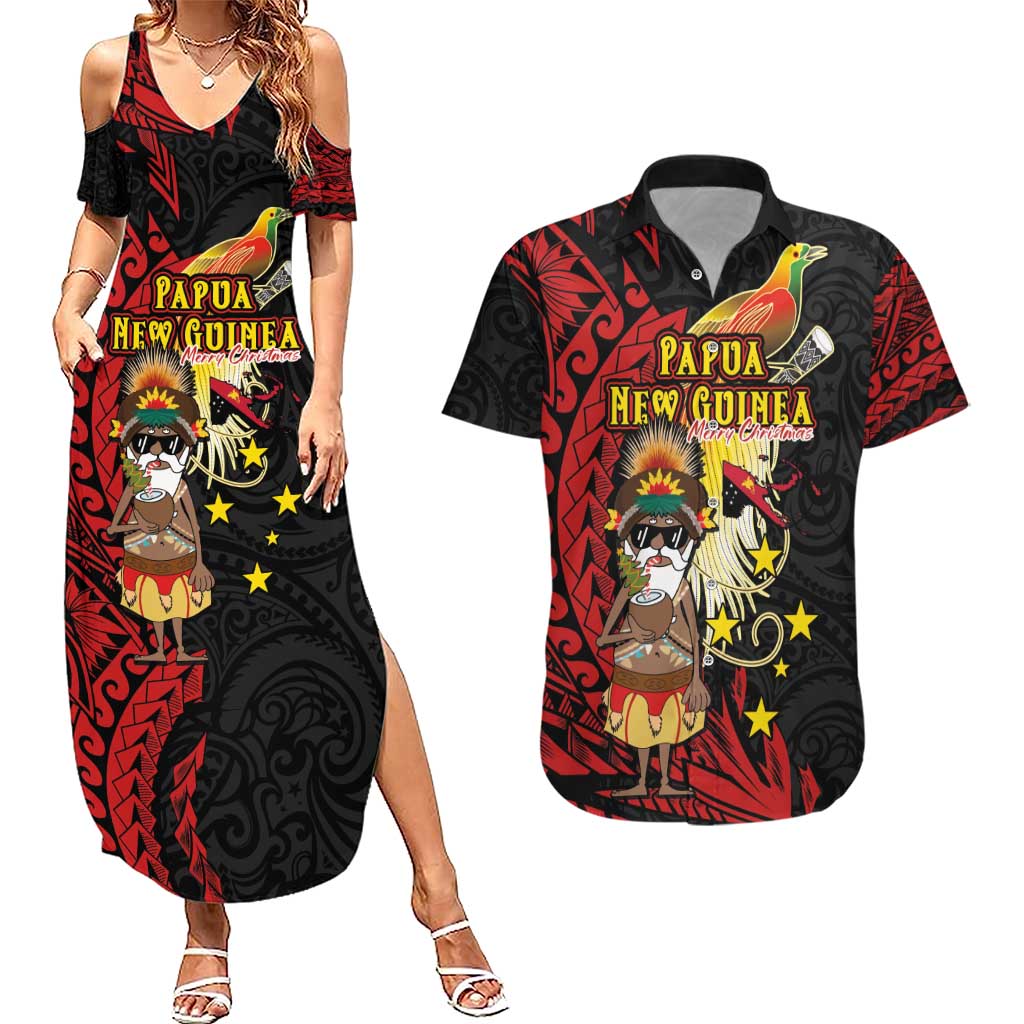 Papua New Guinea Christmas Couples Matching Summer Maxi Dress and Hawaiian Shirt Funny Melanesian Santa with Bird-of-paradise Tribal Style - Polynesian Pride