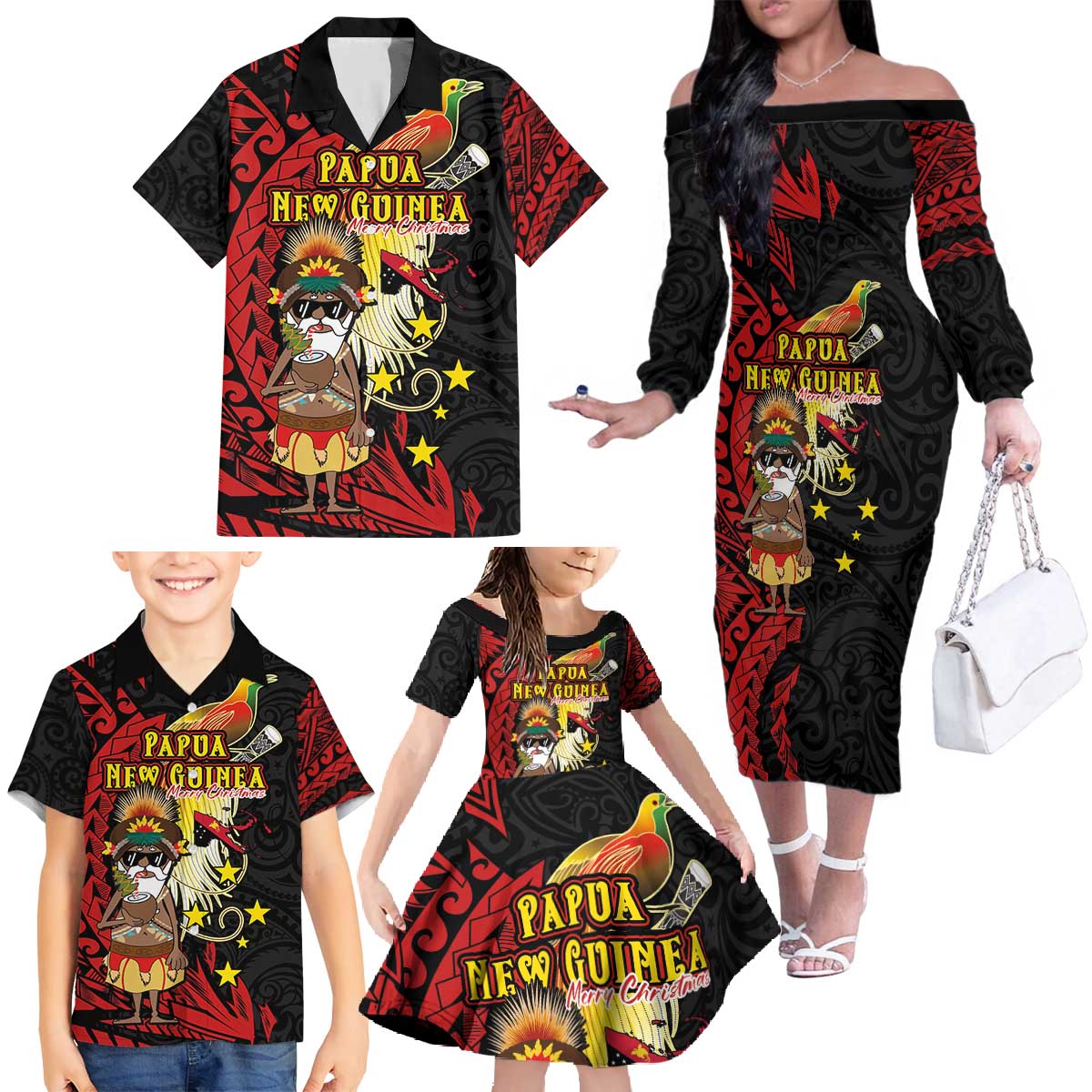 Papua New Guinea Christmas Family Matching Off The Shoulder Long Sleeve Dress and Hawaiian Shirt Funny Melanesian Santa with Bird-of-paradise Tribal Style - Polynesian Pride