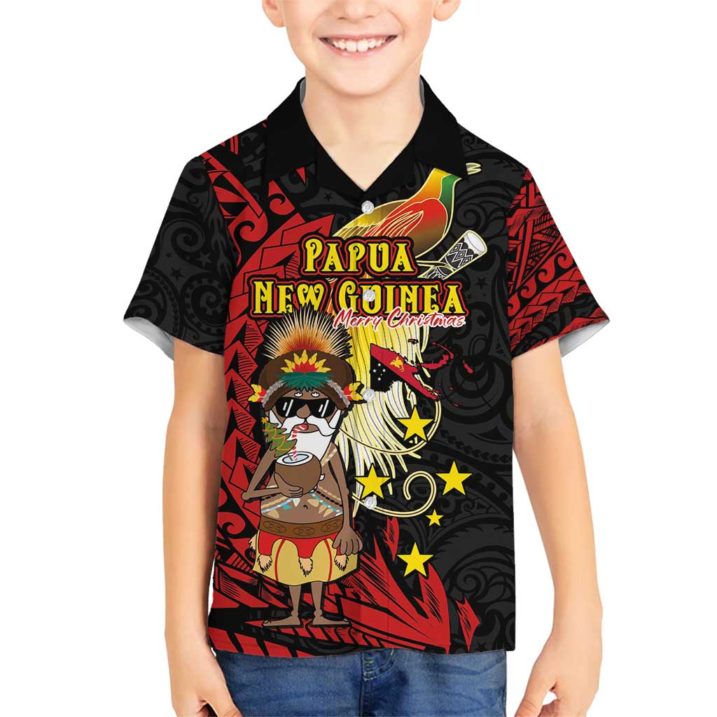 Papua New Guinea Christmas Family Matching Off Shoulder Short Dress and Hawaiian Shirt Funny Melanesian Santa with Bird-of-paradise Tribal Style - Polynesian Pride