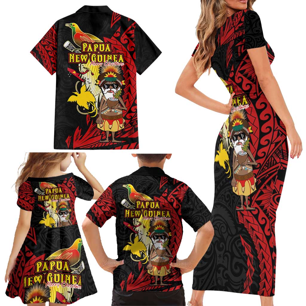 Papua New Guinea Christmas Family Matching Short Sleeve Bodycon Dress and Hawaiian Shirt Funny Melanesian Santa with Bird-of-paradise Tribal Style - Polynesian Pride