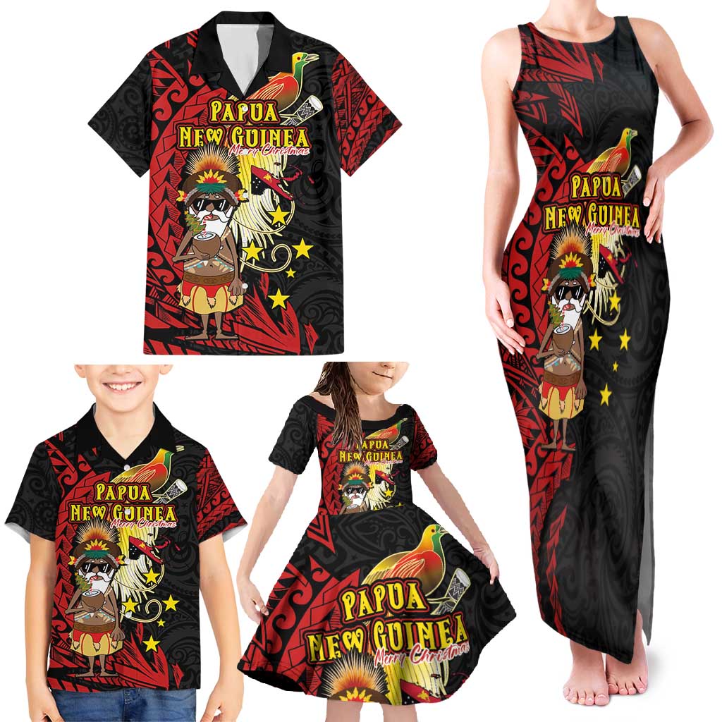 Papua New Guinea Christmas Family Matching Tank Maxi Dress and Hawaiian Shirt Funny Melanesian Santa with Bird-of-paradise Tribal Style - Polynesian Pride