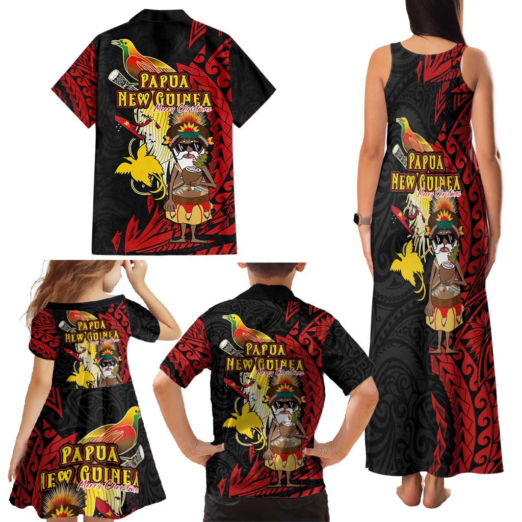 Papua New Guinea Christmas Family Matching Tank Maxi Dress and Hawaiian Shirt Funny Melanesian Santa with Bird-of-paradise Tribal Style - Polynesian Pride