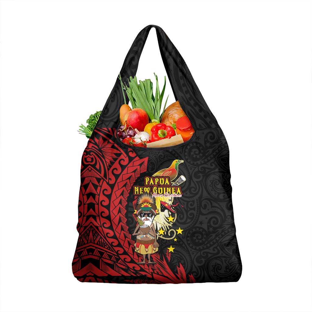 Papua New Guinea Christmas Grocery Bag Funny Melanesian Santa with Bird-of-paradise Tribal Style - Polynesian Pride