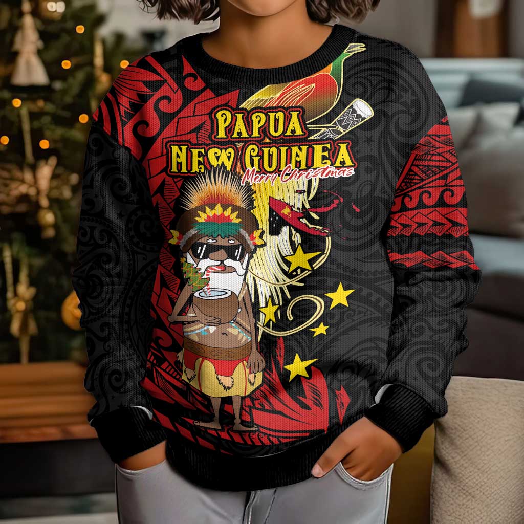 Papua New Guinea Christmas Kid Ugly Christmas Sweater Funny Melanesian Santa with Bird-of-paradise Tribal Style - Polynesian Pride