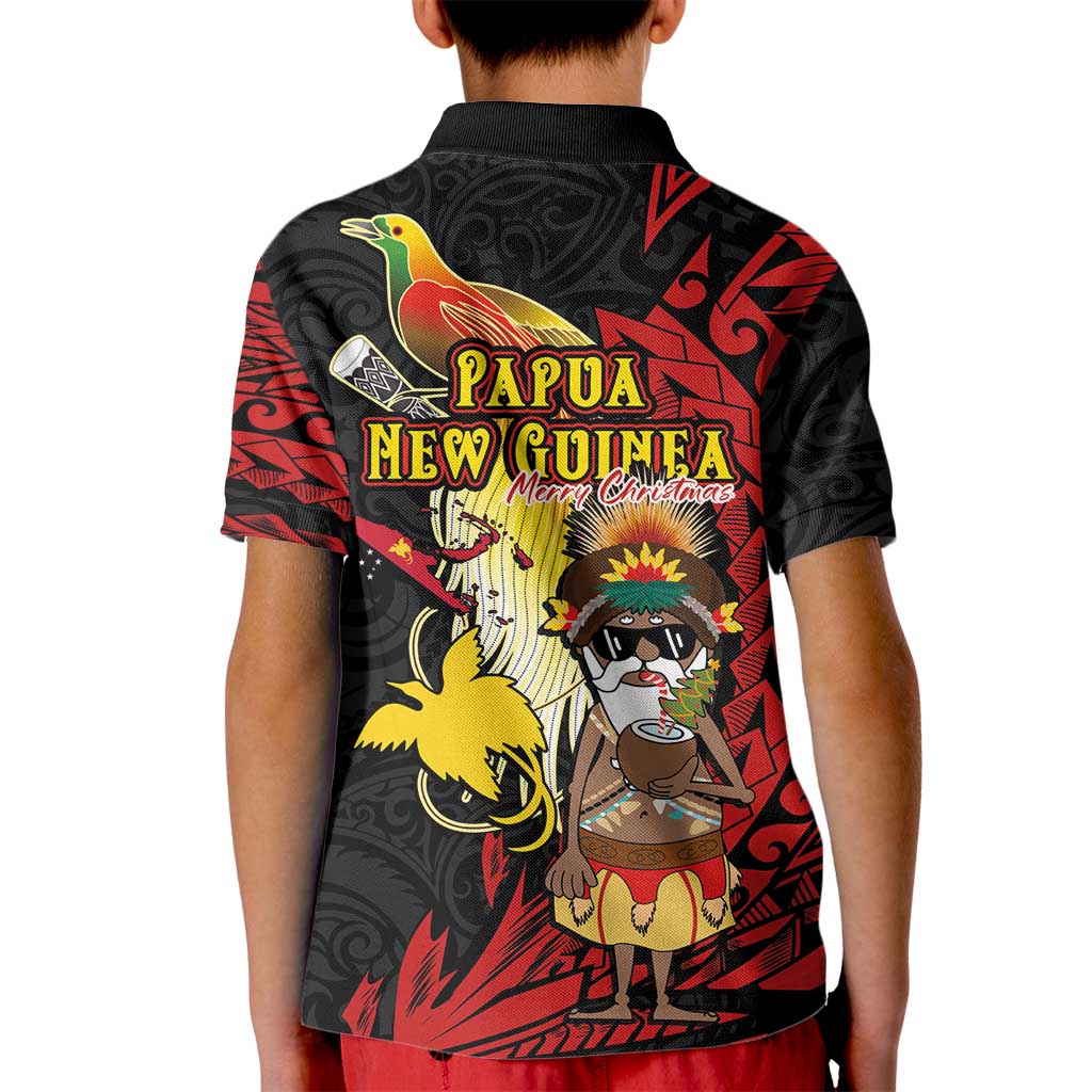 Papua New Guinea Christmas Kid Polo Shirt Funny Melanesian Santa with Bird-of-paradise Tribal Style - Polynesian Pride