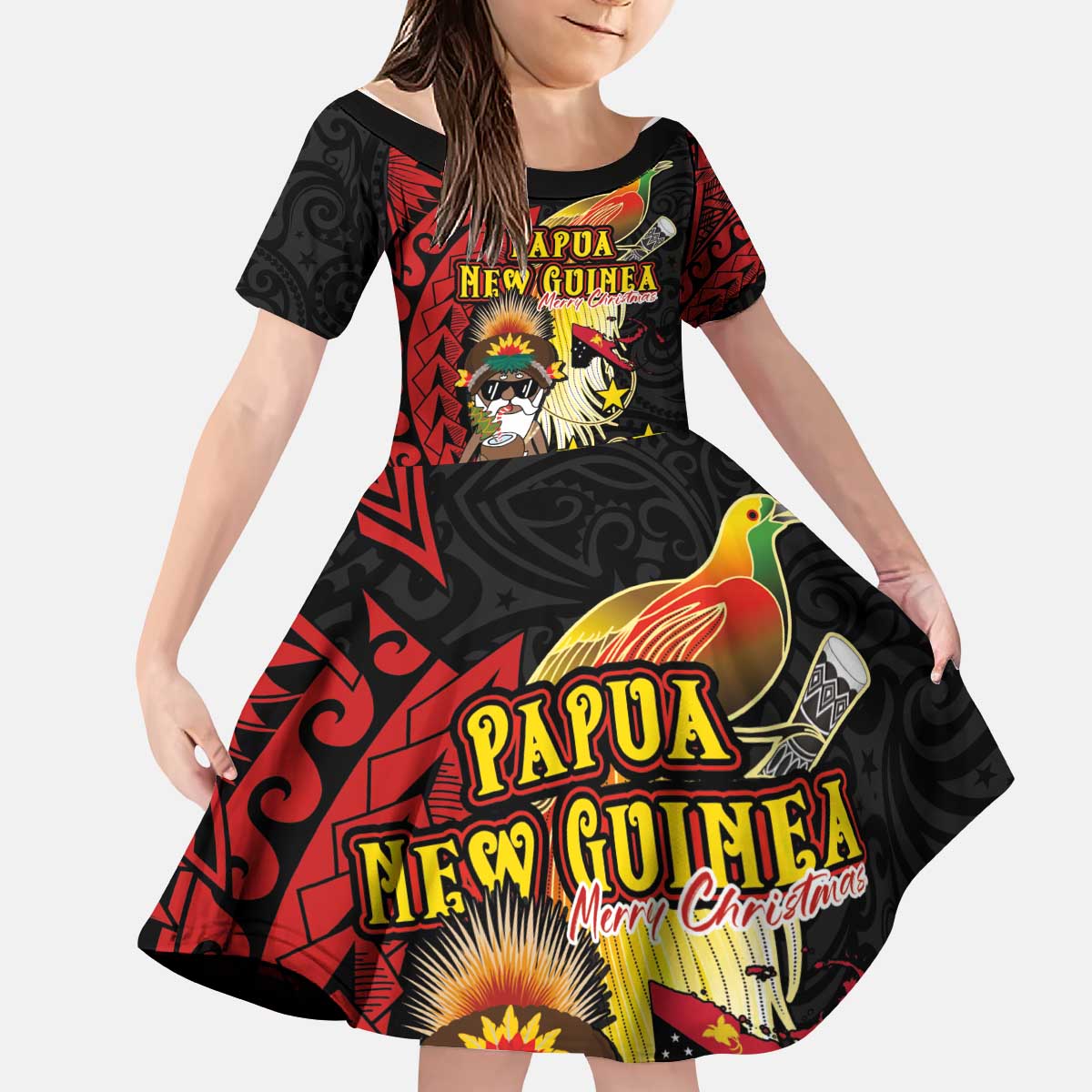 Papua New Guinea Christmas Kid Short Sleeve Dress Funny Melanesian Santa with Bird-of-paradise Tribal Style - Polynesian Pride
