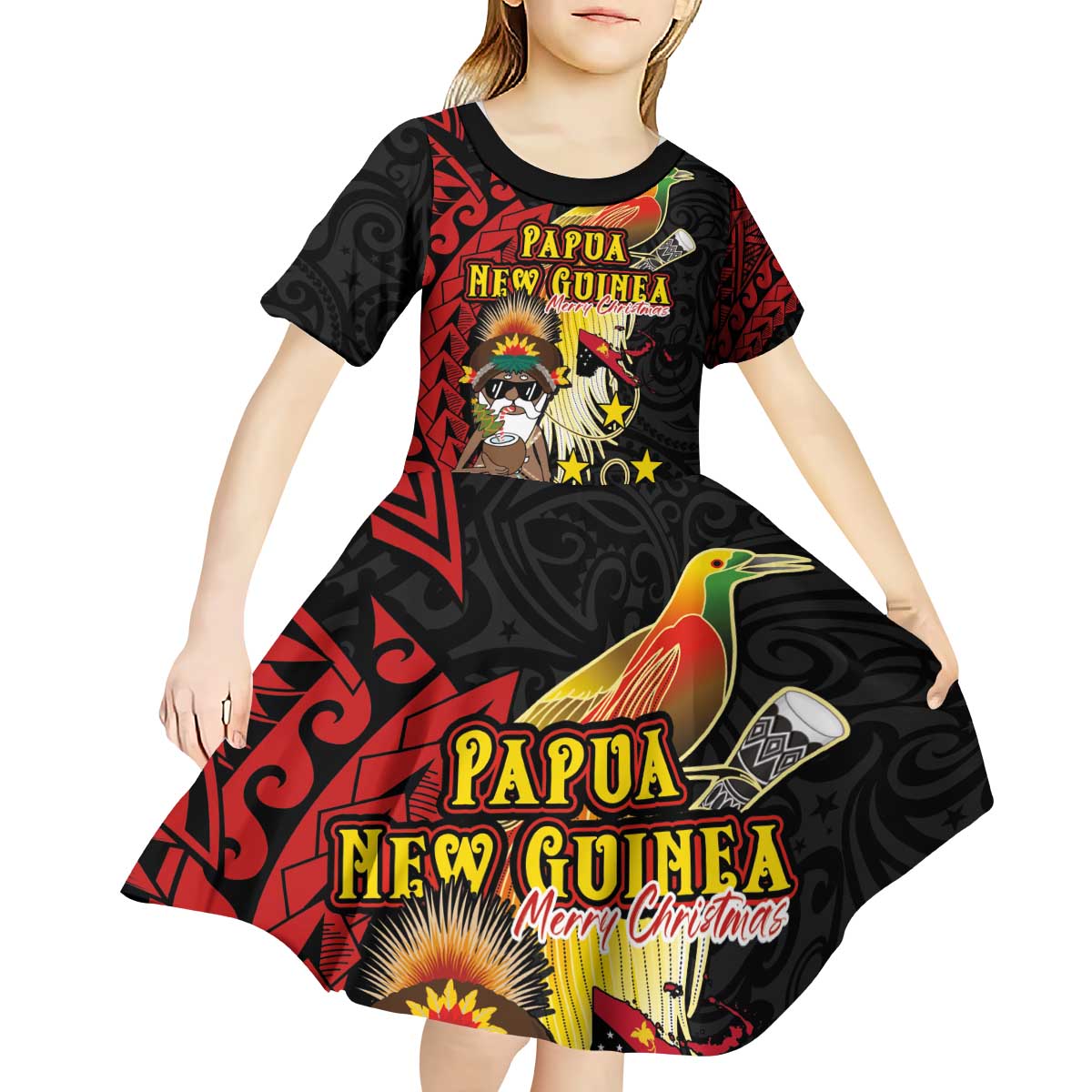 Papua New Guinea Christmas Kid Short Sleeve Dress Funny Melanesian Santa with Bird-of-paradise Tribal Style - Polynesian Pride