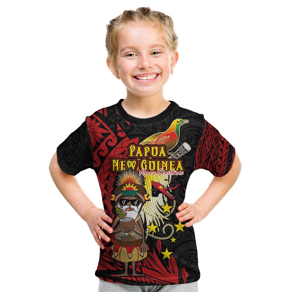 Papua New Guinea Christmas Kid T Shirt Funny Melanesian Santa with Bird-of-paradise Tribal Style - Polynesian Pride