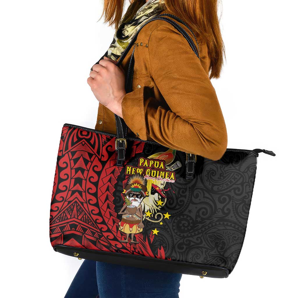 Papua New Guinea Christmas Leather Tote Bag Funny Melanesian Santa with Bird-of-paradise Tribal Style - Polynesian Pride