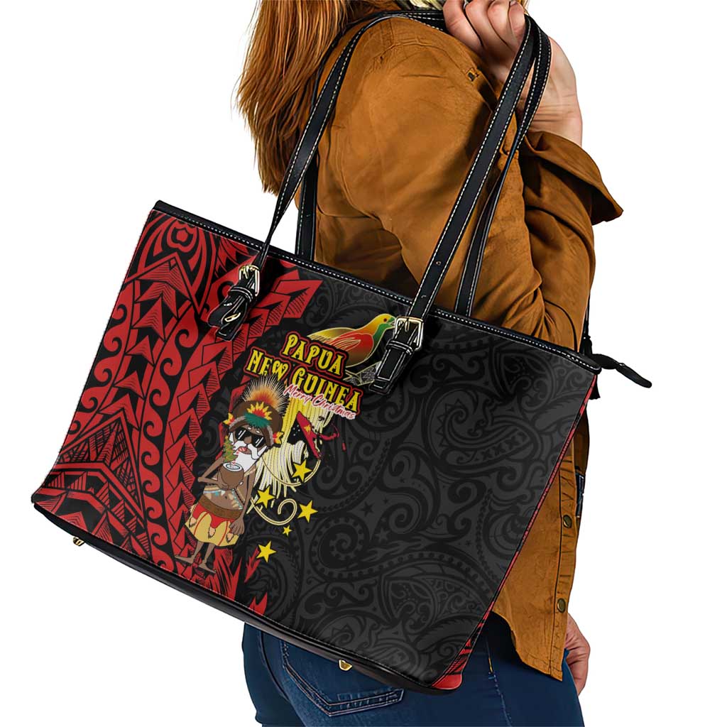 Papua New Guinea Christmas Leather Tote Bag Funny Melanesian Santa with Bird-of-paradise Tribal Style - Polynesian Pride
