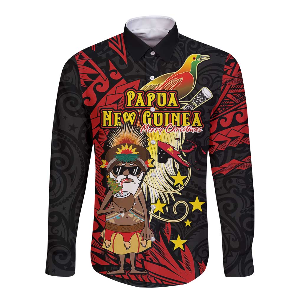 Papua New Guinea Christmas Long Sleeve Button Shirt Funny Melanesian Santa with Bird-of-paradise Tribal Style - Polynesian Pride