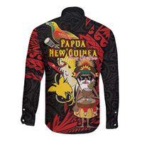 Papua New Guinea Christmas Long Sleeve Button Shirt Funny Melanesian Santa with Bird-of-paradise Tribal Style - Polynesian Pride