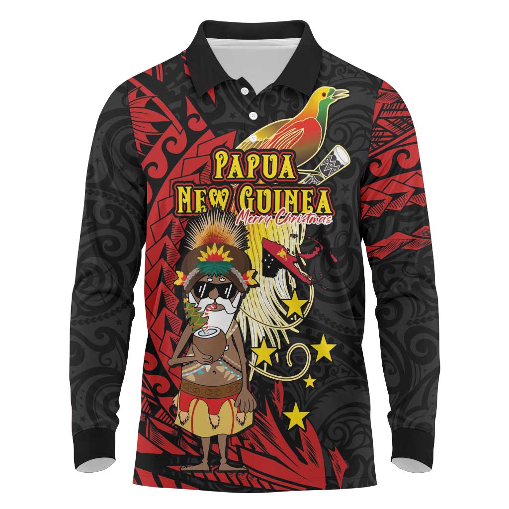 Papua New Guinea Christmas Long Sleeve Polo Shirt Funny Melanesian Santa with Bird-of-paradise Tribal Style - Polynesian Pride