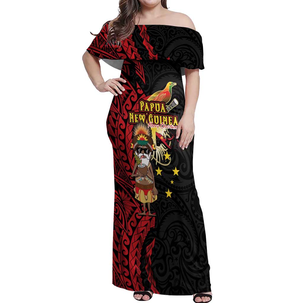 Papua New Guinea Christmas Off Shoulder Maxi Dress Funny Melanesian Santa with Bird-of-paradise Tribal Style - Polynesian Pride
