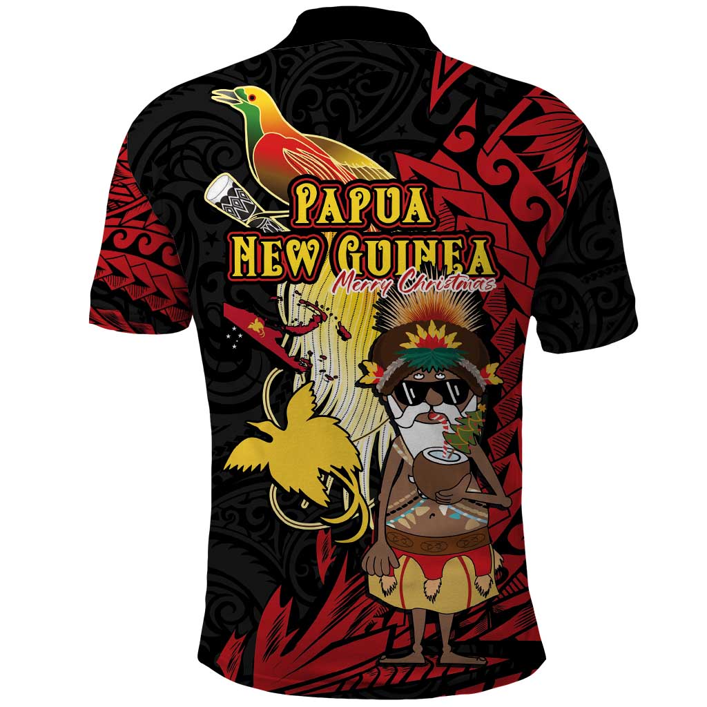Papua New Guinea Christmas Polo Shirt Funny Melanesian Santa with Bird-of-paradise Tribal Style - Polynesian Pride