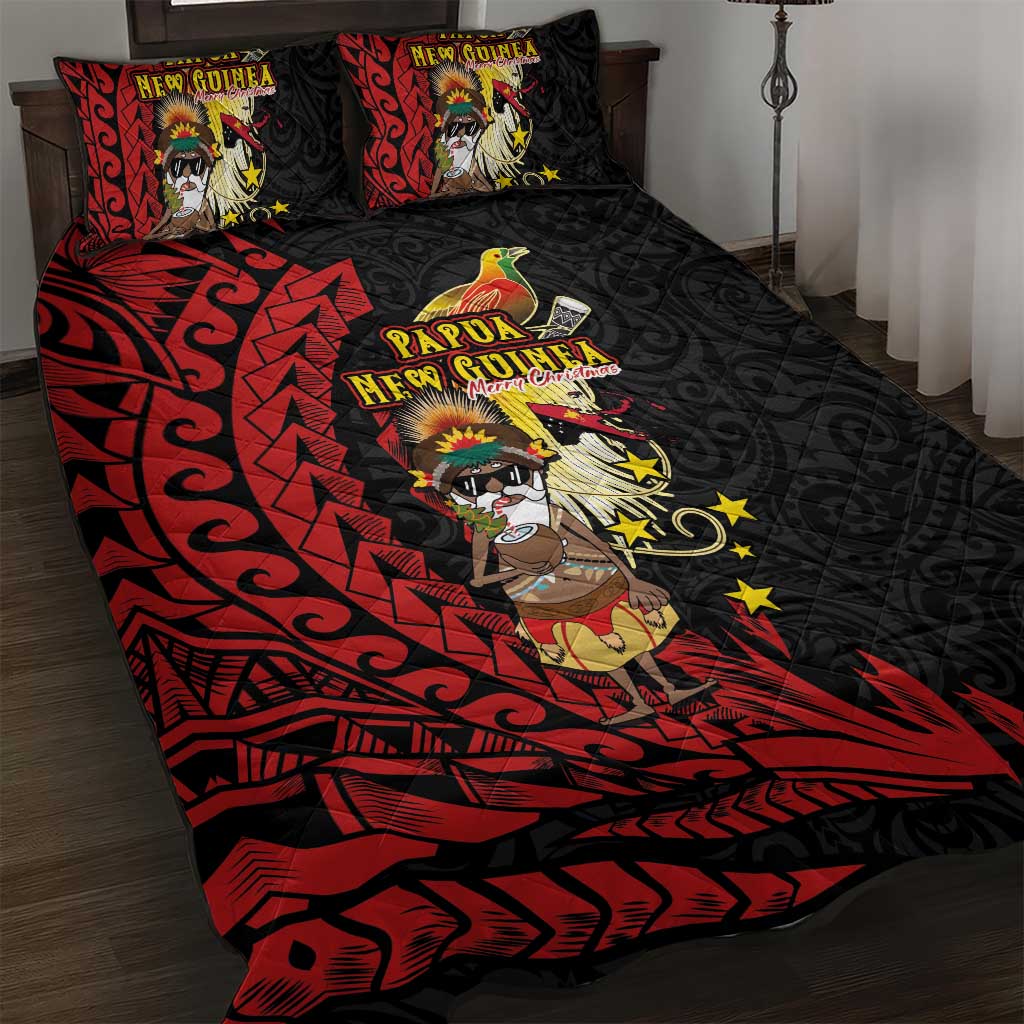 Papua New Guinea Christmas Quilt Bed Set Funny Melanesian Santa with Bird-of-paradise Tribal Style - Polynesian Pride