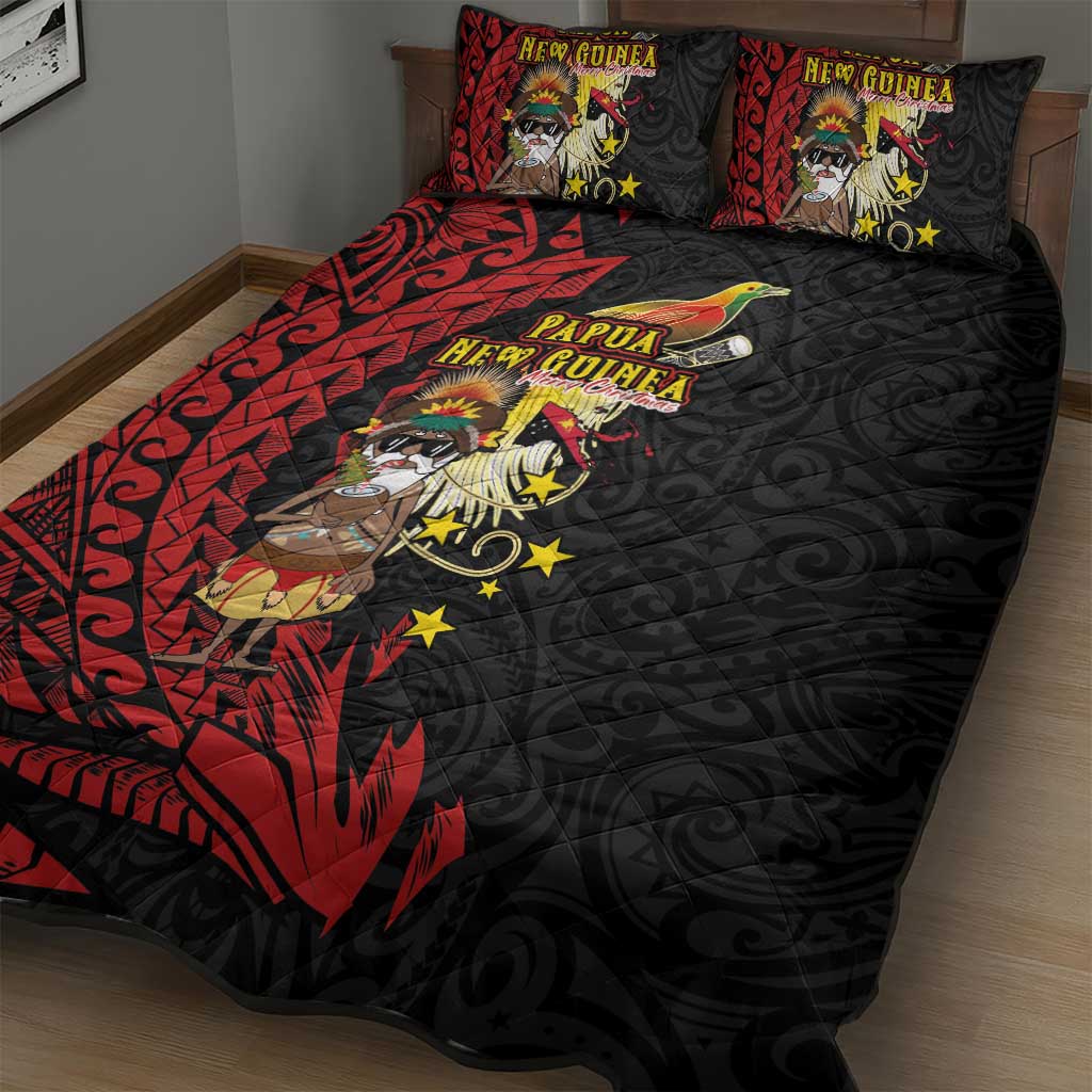 Papua New Guinea Christmas Quilt Bed Set Funny Melanesian Santa with Bird-of-paradise Tribal Style - Polynesian Pride