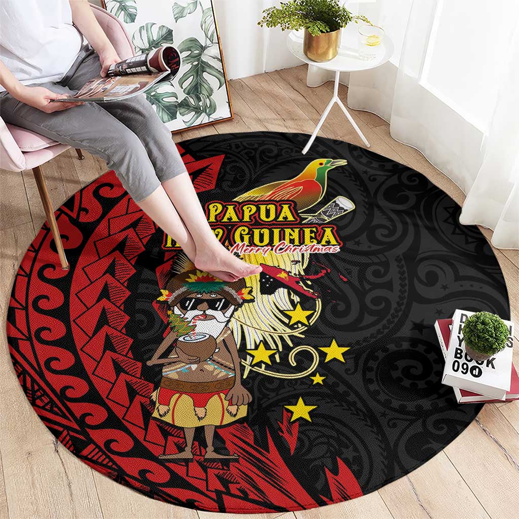 Papua New Guinea Christmas Round Carpet Funny Melanesian Santa with Bird-of-paradise Tribal Style - Polynesian Pride