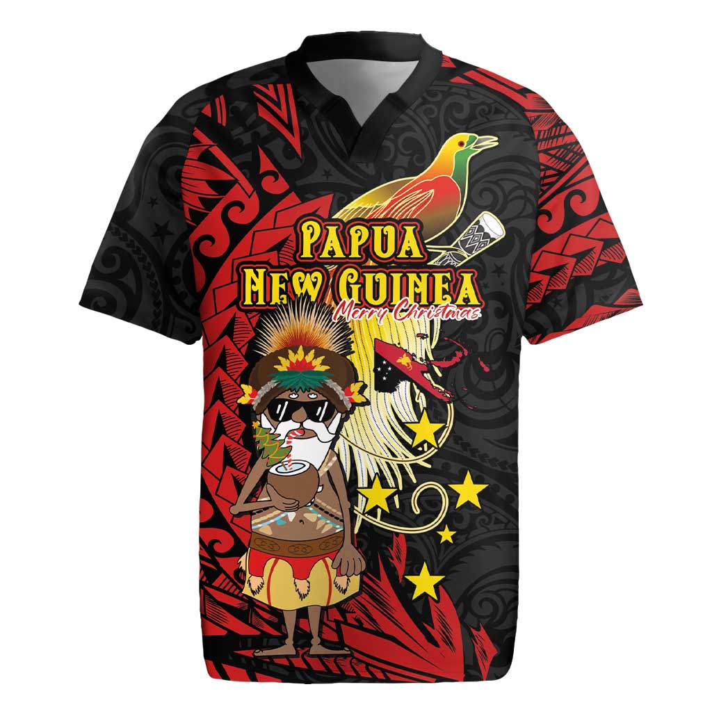 Papua New Guinea Christmas Rugby Jersey Funny Melanesian Santa with Bird-of-paradise Tribal Style - Polynesian Pride