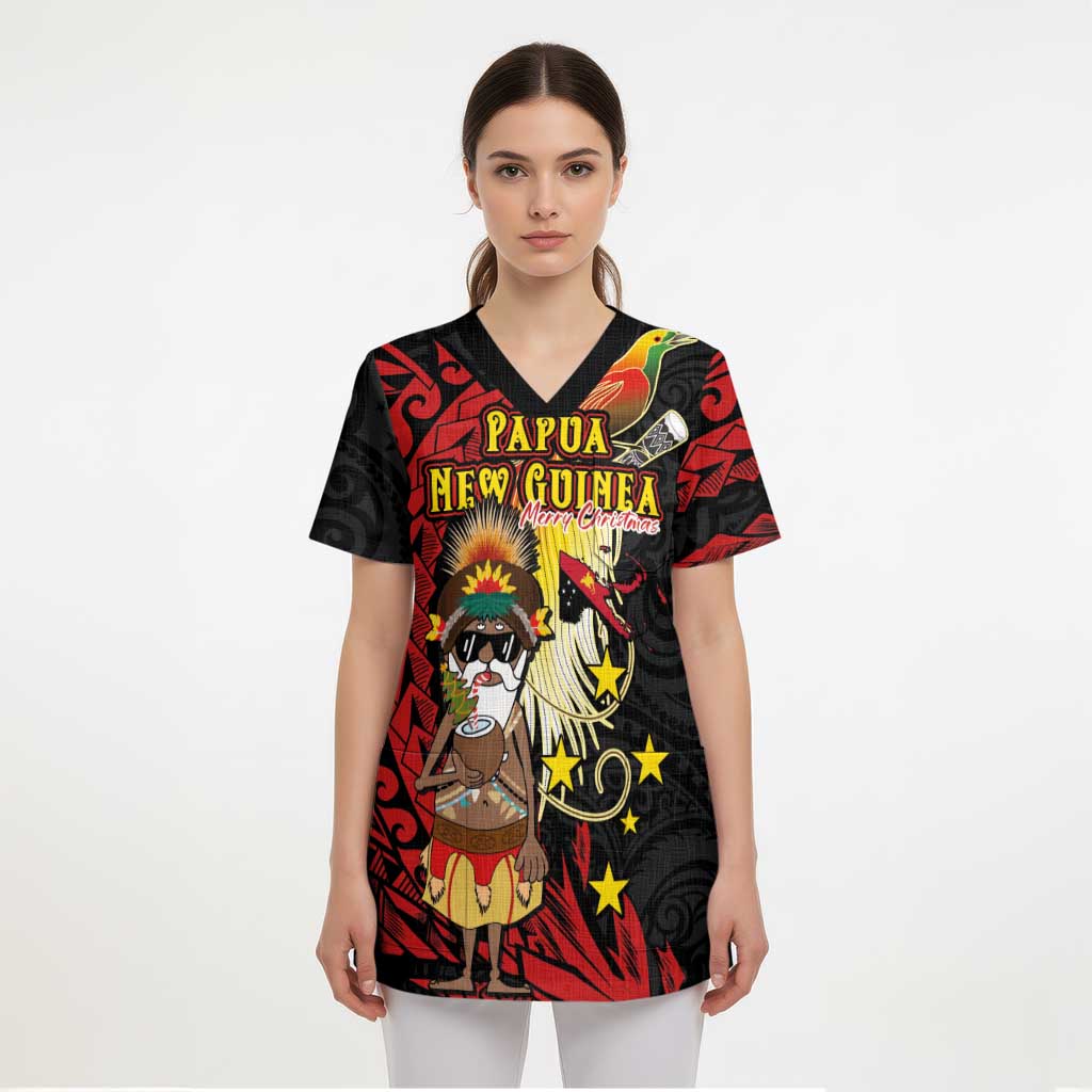 Papua New Guinea Christmas Scrub Top Funny Melanesian Santa with Bird-of-paradise Tribal Style - Polynesian Pride