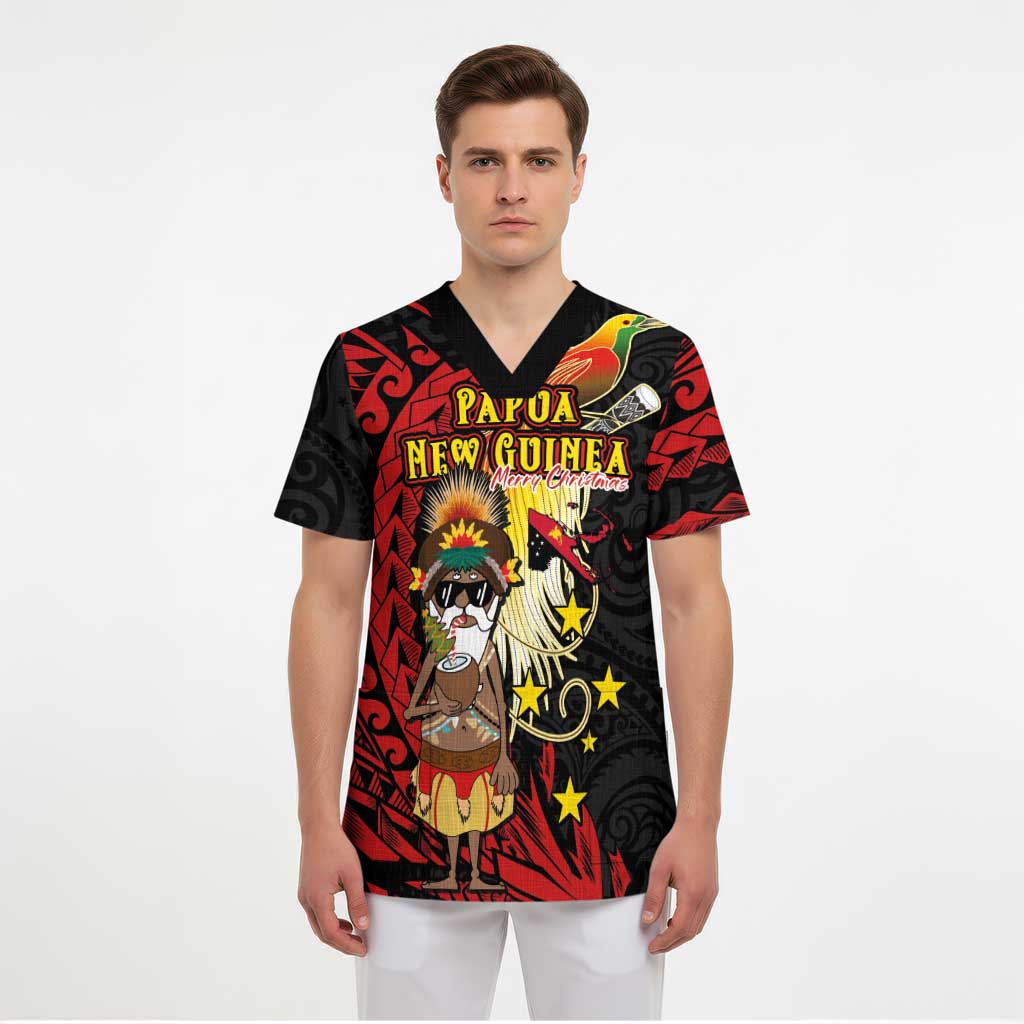 Papua New Guinea Christmas Scrub Top Funny Melanesian Santa with Bird-of-paradise Tribal Style - Polynesian Pride