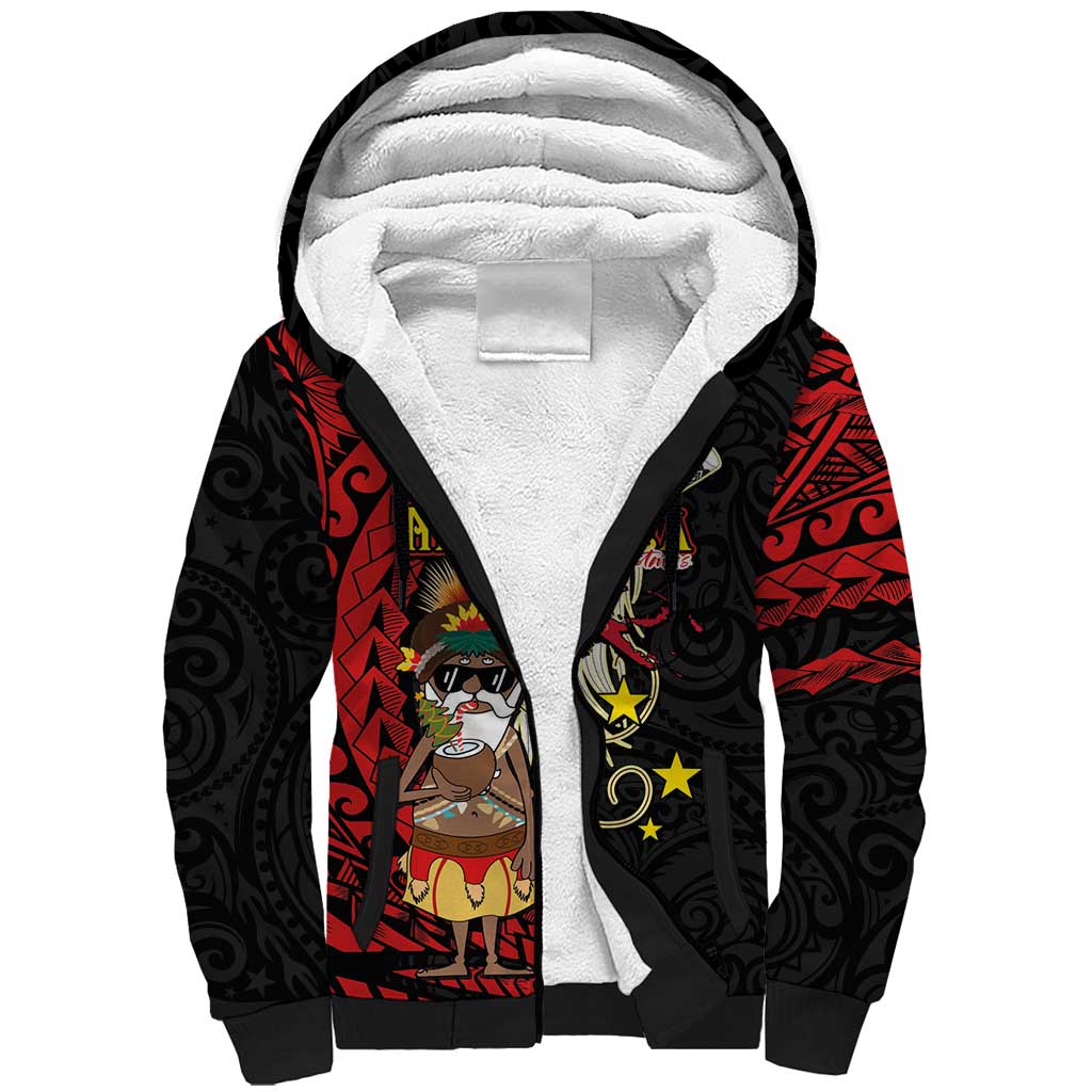 Papua New Guinea Christmas Sherpa Hoodie Funny Melanesian Santa with Bird-of-paradise Tribal Style - Polynesian Pride