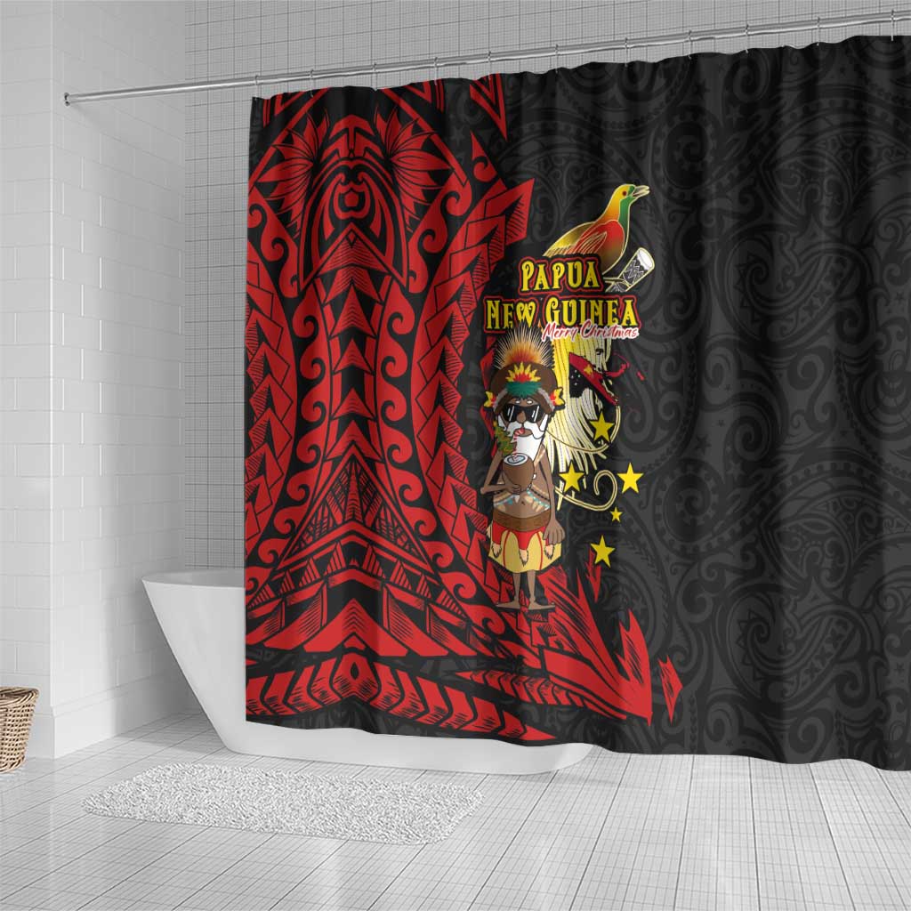 Papua New Guinea Christmas Shower Curtain Funny Melanesian Santa with Bird-of-paradise Tribal Style - Polynesian Pride