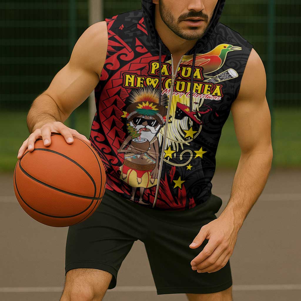 Papua New Guinea Christmas Sleeveless Zip Hoodie Funny Melanesian Santa with Bird-of-paradise Tribal Style - Polynesian Pride