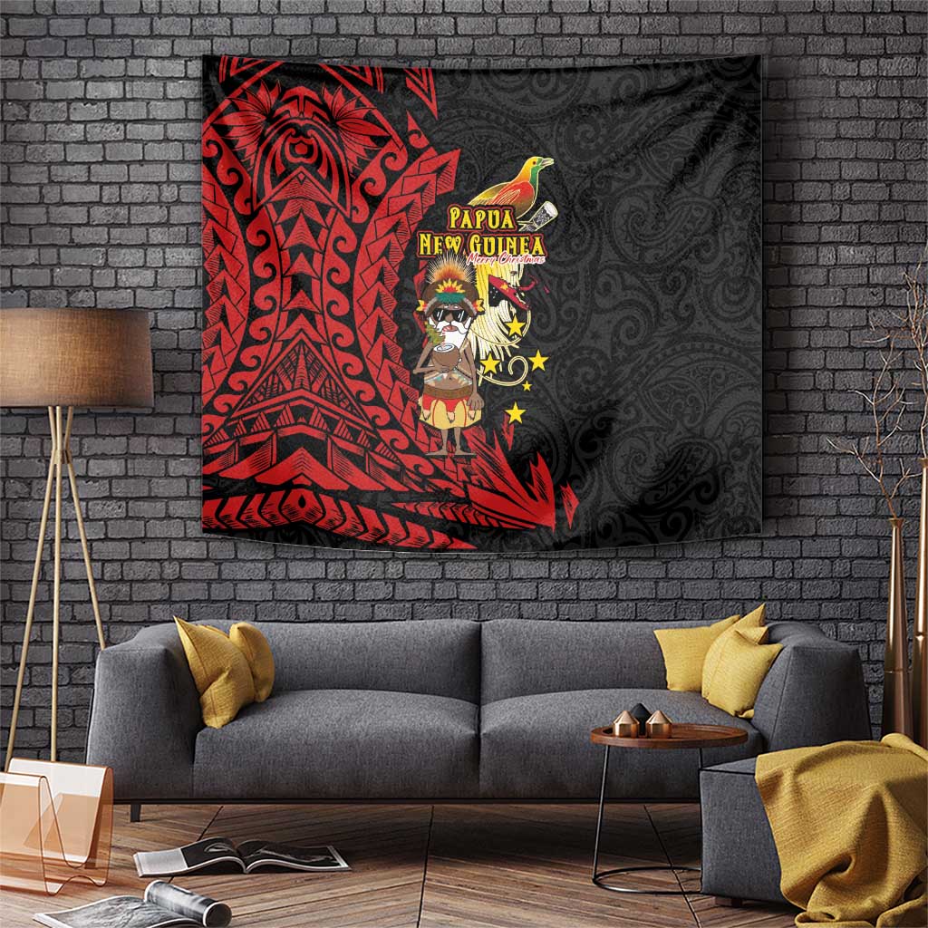 Papua New Guinea Christmas Tapestry Funny Melanesian Santa with Bird-of-paradise Tribal Style - Polynesian Pride
