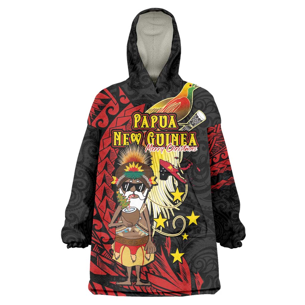 Papua New Guinea Christmas Wearable Blanket Hoodie Funny Melanesian Santa with Bird-of-paradise Tribal Style - Polynesian Pride