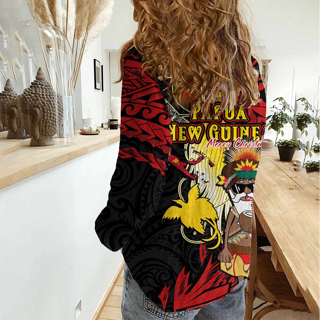 Papua New Guinea Christmas Women Casual Shirt Funny Melanesian Santa with Bird-of-paradise Tribal Style - Polynesian Pride