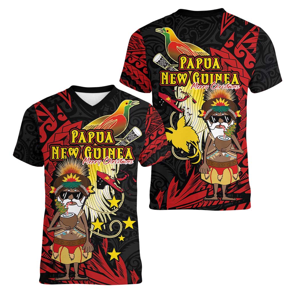Papua New Guinea Christmas Women V-Neck T-Shirt Funny Melanesian Santa with Bird-of-paradise Tribal Style - Polynesian Pride