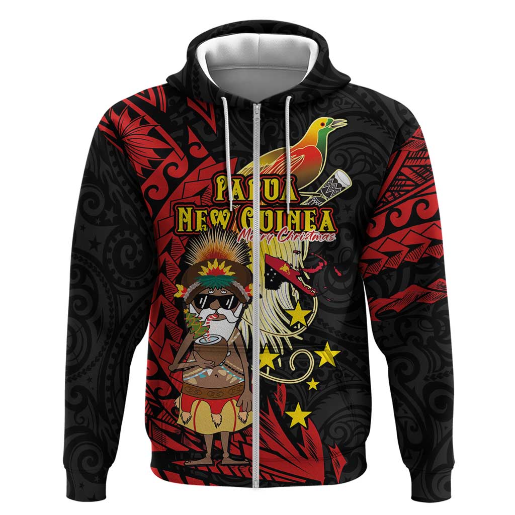 Papua New Guinea Christmas Zip Hoodie Funny Melanesian Santa with Bird-of-paradise Tribal Style - Polynesian Pride