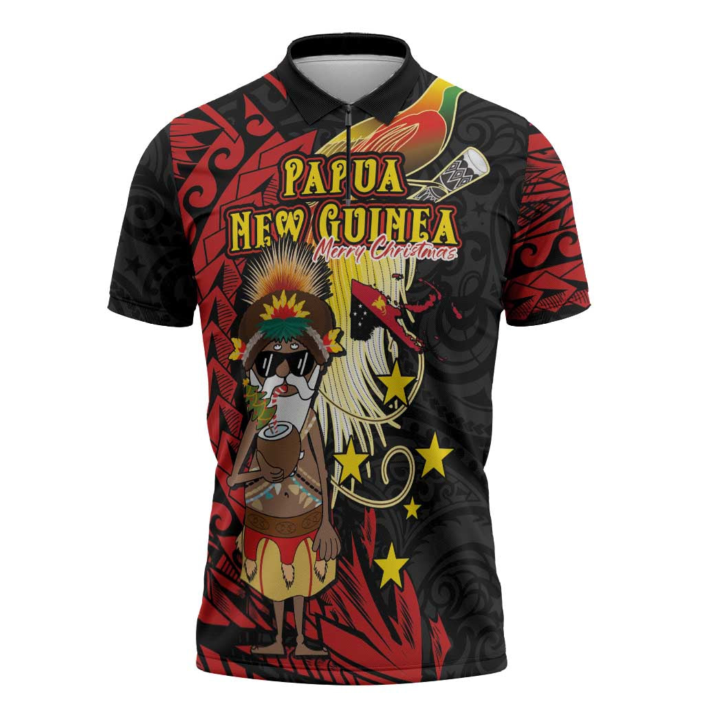 Papua New Guinea Christmas Zipper Polo Shirt Funny Melanesian Santa with Bird-of-paradise Tribal Style - Polynesian Pride