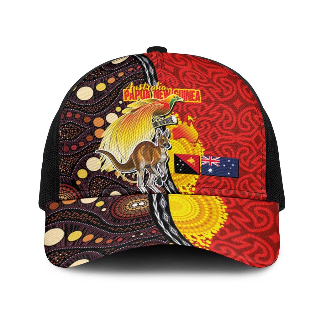 Australia and Papua New Guinea Together Baseball Net Cap Bird-of-paradise and Kangaroo with Oro Tapa and Aboriginal Art Motifs - Polynesian Pride